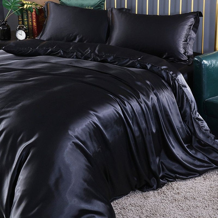 Luxury Silk/Satin Bedding Set (4-piece) - SilkSleep-59.06" fitted sheet + Duvet 78.74" x 90.55" + 2x pillowcase 18.90" x 29.13"-Black-Nora Luxe