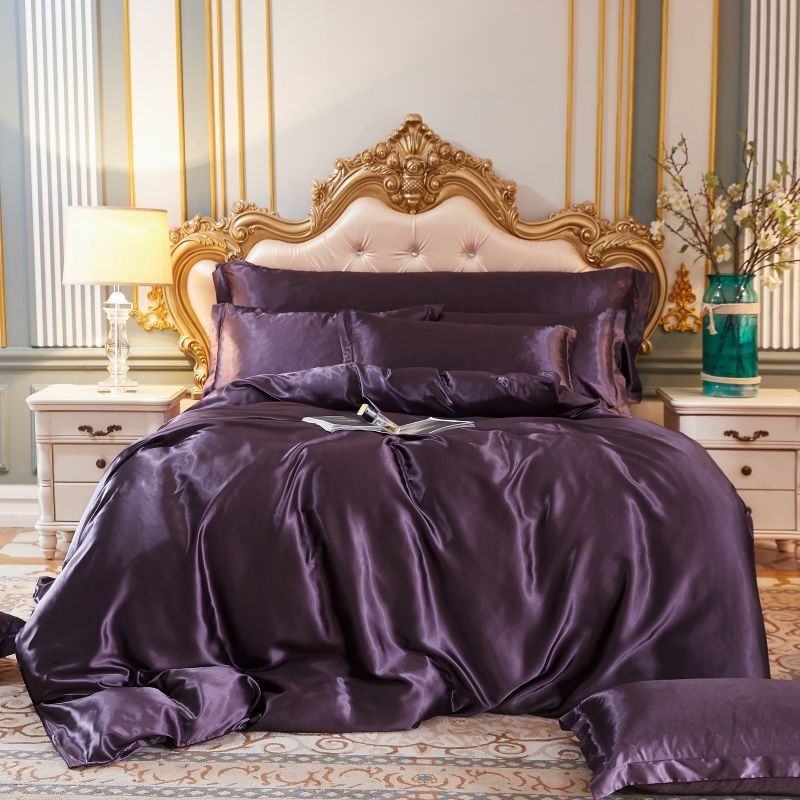 Luxury Silk/Satin Bedding Set (4-piece) - SilkSleep-59.06" fitted sheet + Duvet 78.74" x 90.55" + 2x pillowcase 18.90" x 29.13"-Purple-Nora Luxe