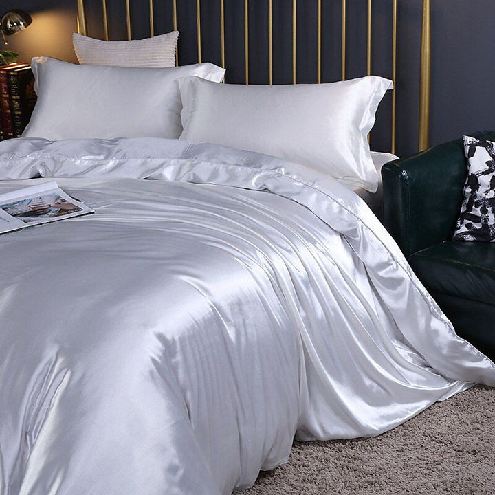 Luxury Silk/Satin Bedding Set (4-piece) - SilkSleep-59.06" fitted sheet + Duvet 78.74" x 90.55" + 2x pillowcase 18.90" x 29.13"-White-Nora Luxe