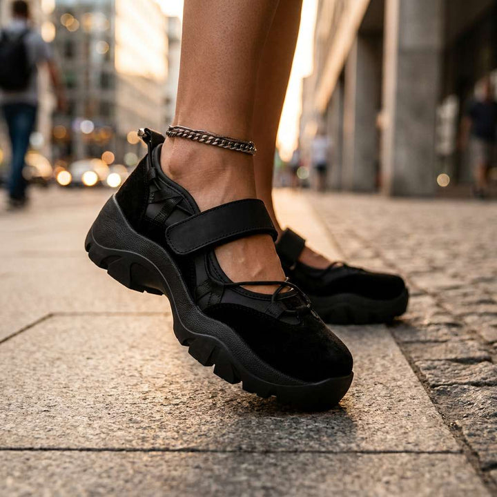 Black suede strap shoes with thick lugged soles, worn with a silver chain anklet on a sunlit city sidewalk. 13