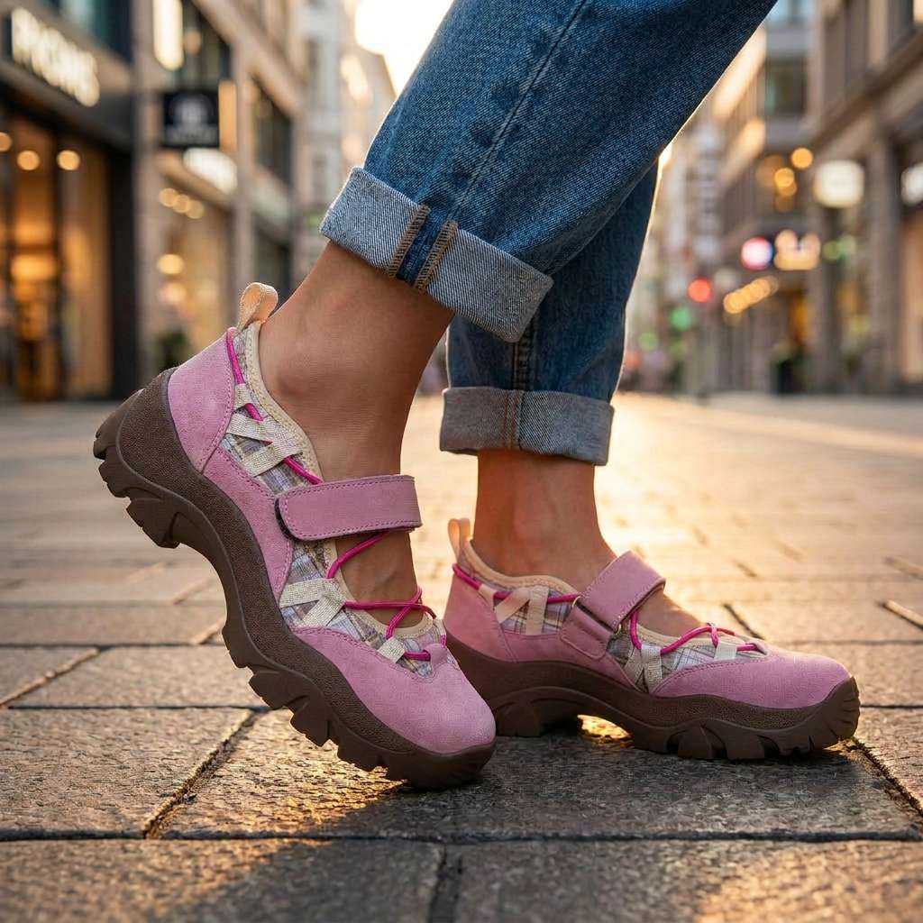 Pink suede strap shoes with magenta laces and plaid panels, worn with rolled jeans on a sunlit paved city street. 9