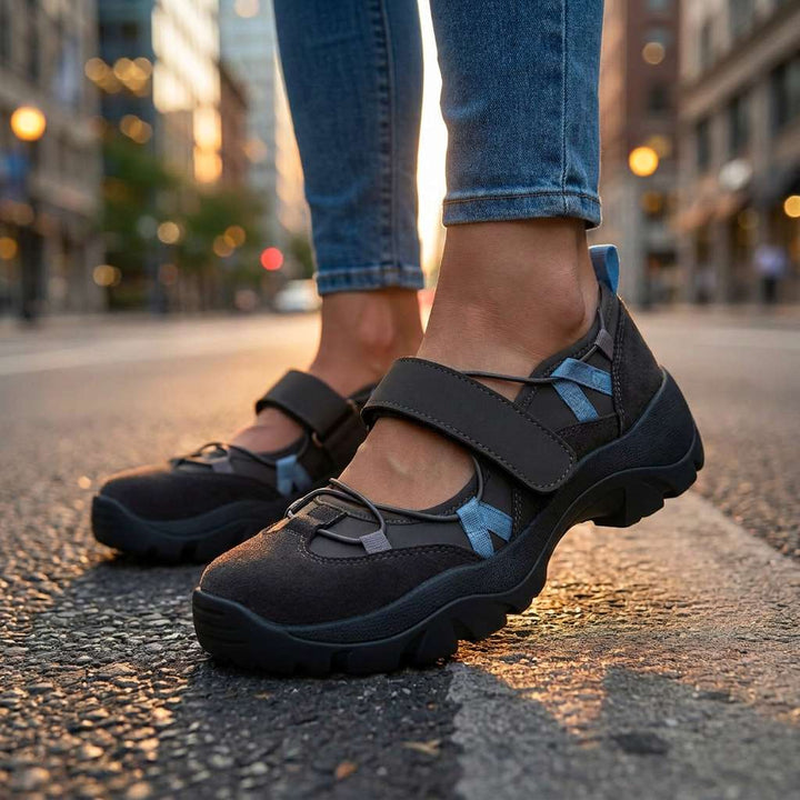 Dark gray strap shoes with blue accent laces, worn with jeans on an asphalt street at sunset with blurred city lights. 7