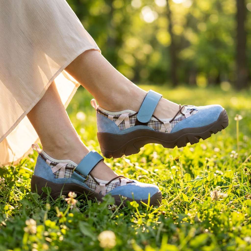 Blue suede plaid-paneled strap shoes with brown soles, worn with a flowing cream skirt while stepping through sunlit green grass. 8
