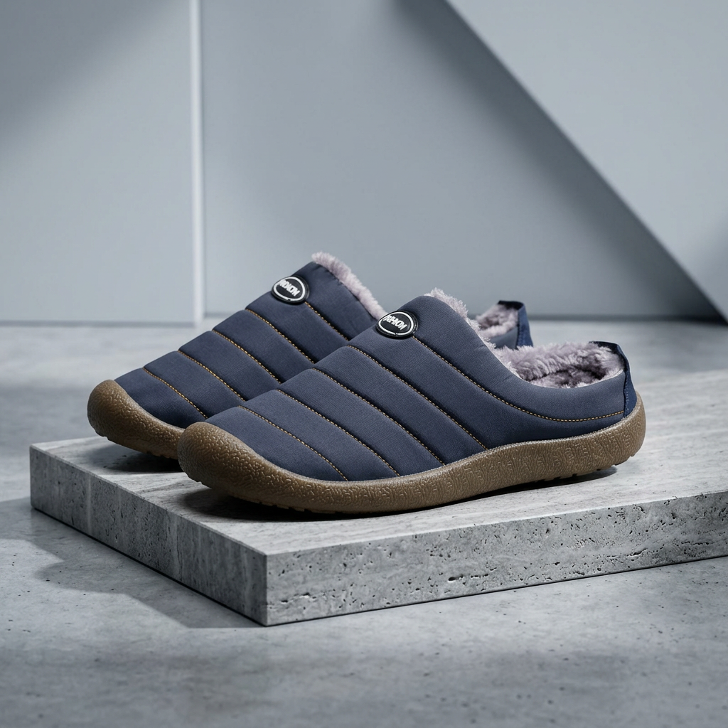 Navy blue quilted slippers with brown soles staged on a rough concrete block against a gray wall 18
