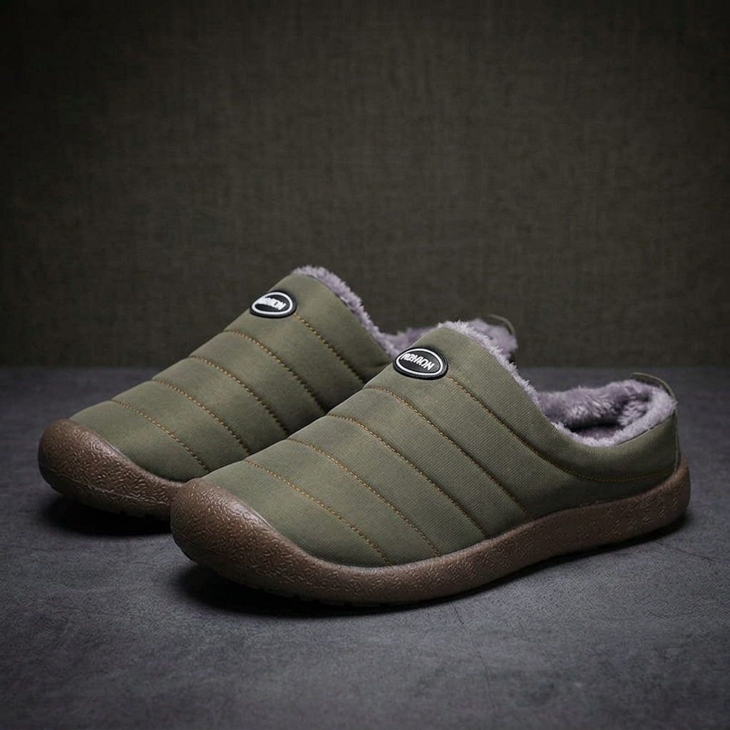 Pair of olive green quilted slippers with gray fleece lining against a dark moody backdrop 17