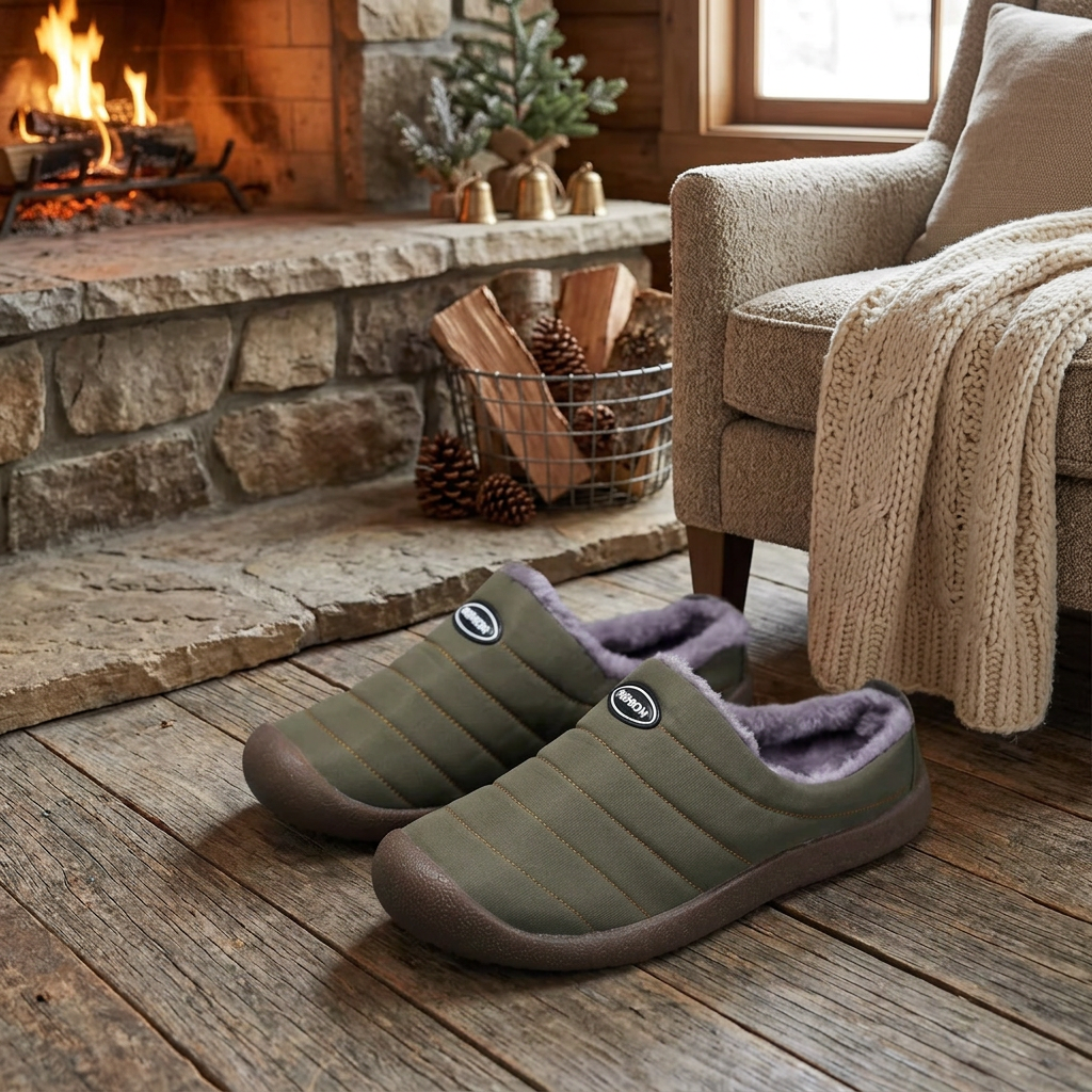 Olive green quilted slippers with plush lining on a rustic wood floor beside a stone fireplace 1