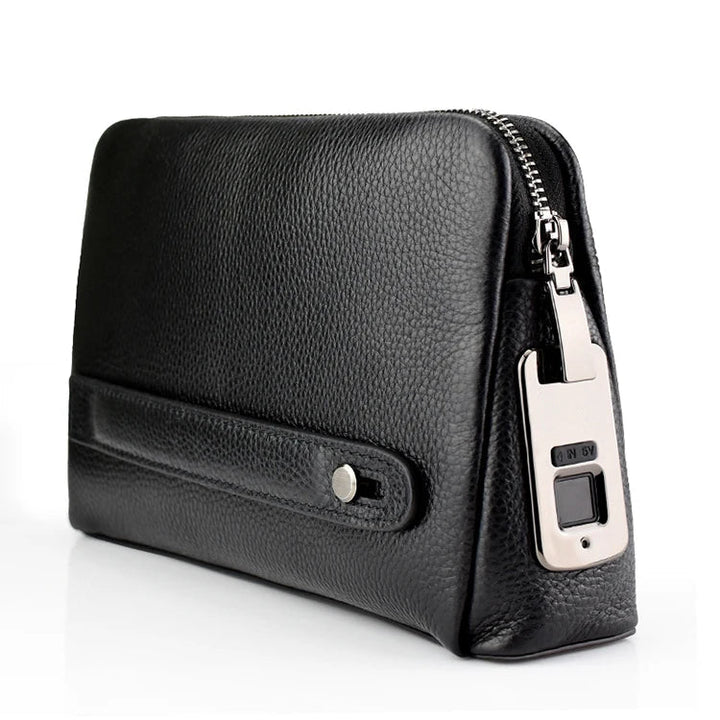 Men’s Leather Anti-Theft Clutch with Fingerprint Lock – Blackish-Blue