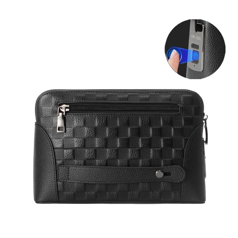 Men’s Leather Handbag with Fingerprint Lock – Anti-Theft Clutch & Wallet