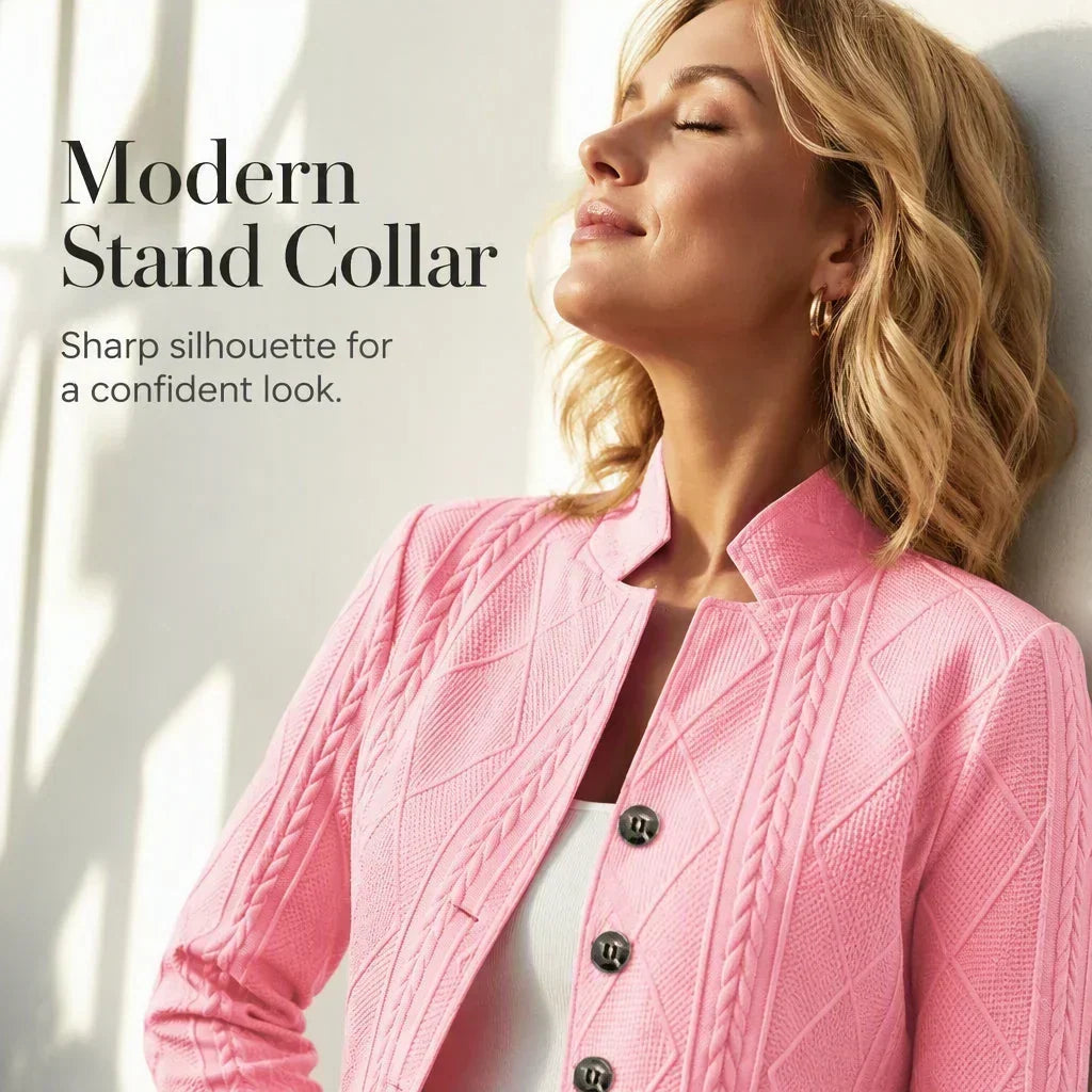 Woman leaning against a wall with eyes closed, showing the pink blazer's stand collar and buttons 19