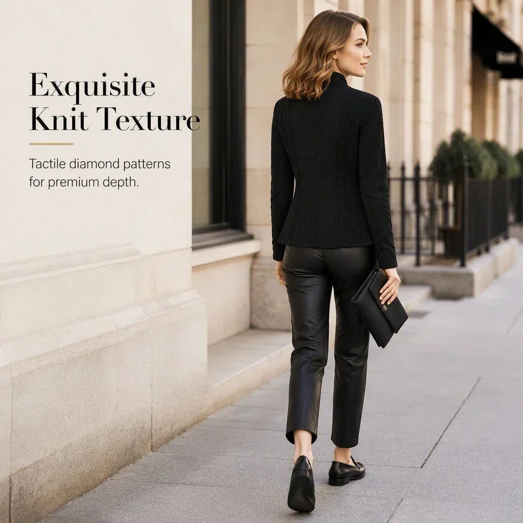 Back view of a woman in a black knit-textured blazer and leather pants walking along a stone sidewalk 20