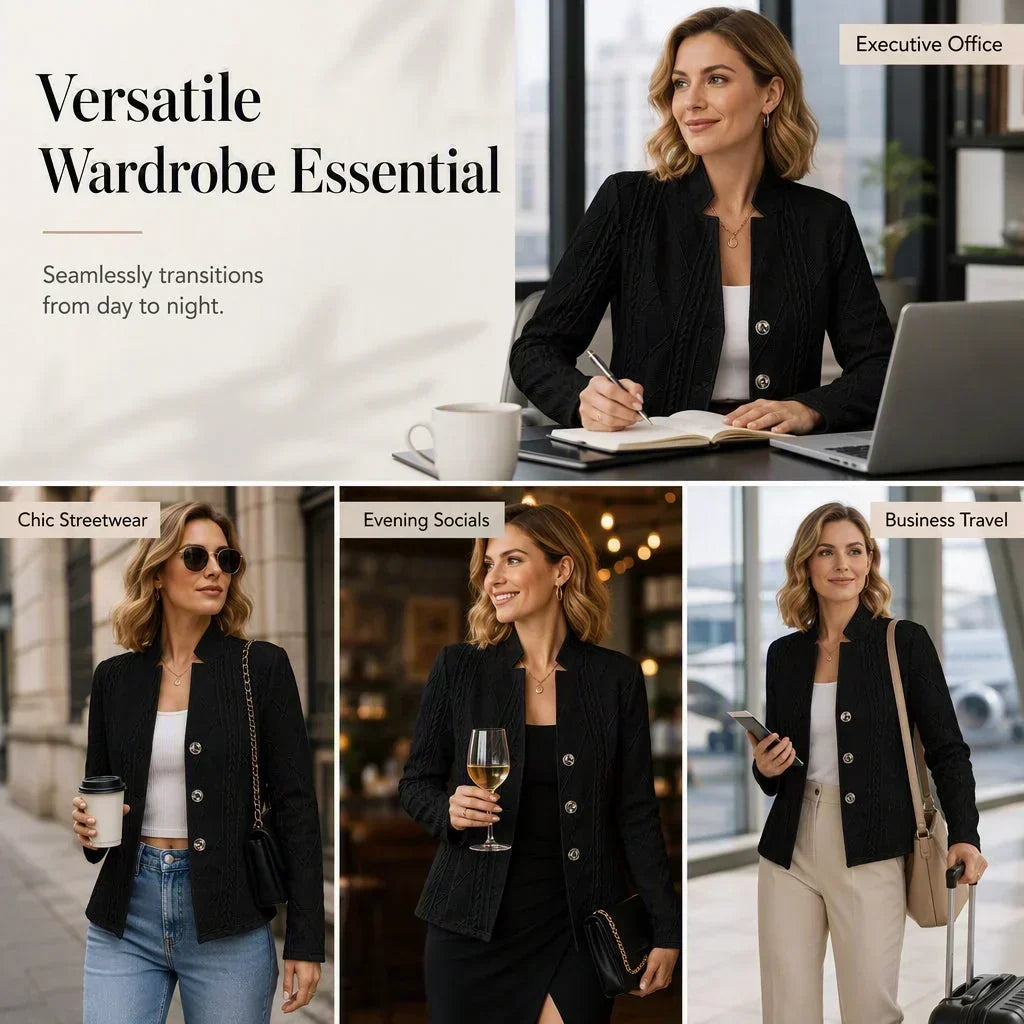 Collage of a woman wearing the black textured blazer at the office, on the street, at an evening event and while traveling 21