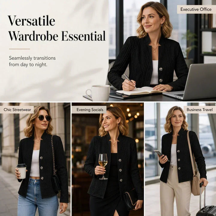 Collage of a woman wearing the black textured blazer at the office, on the street, at an evening event and while traveling 21