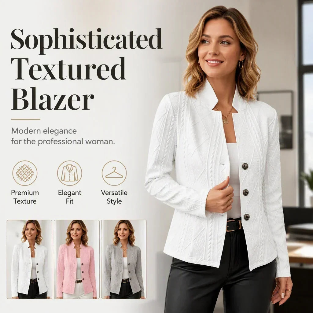 White textured blazer on a smiling model, with small inset photos of the same blazer in white, pink and gray 17