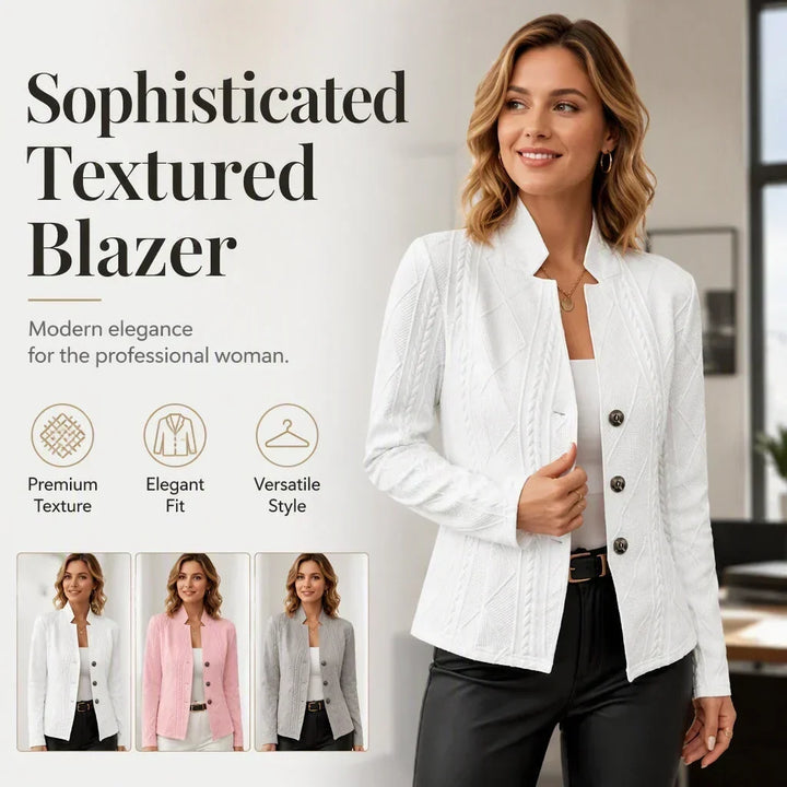 White textured blazer on a smiling model, with small inset photos of the same blazer in white, pink and gray 17
