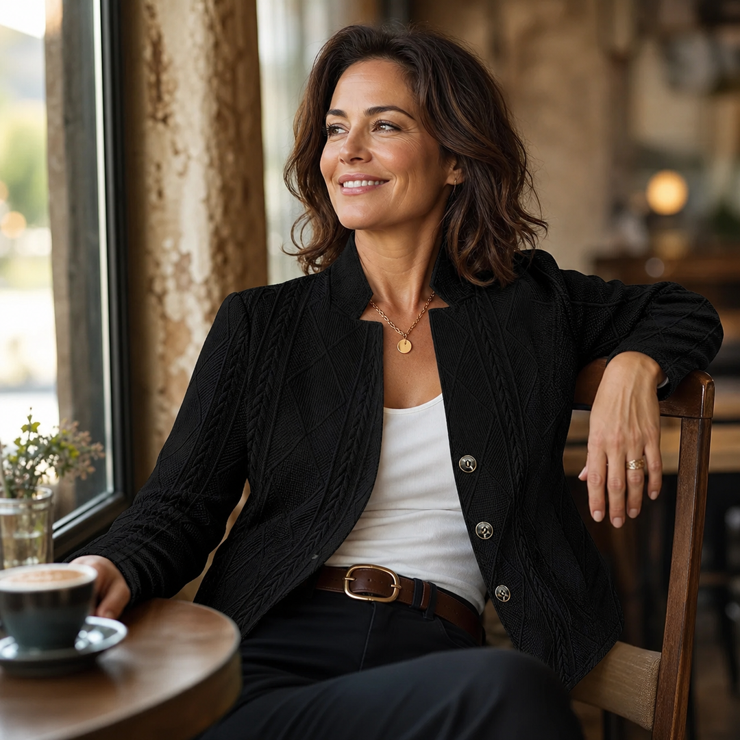 Smiling woman in a black textured blazer over a white tank, seated at a café table with coffee 14