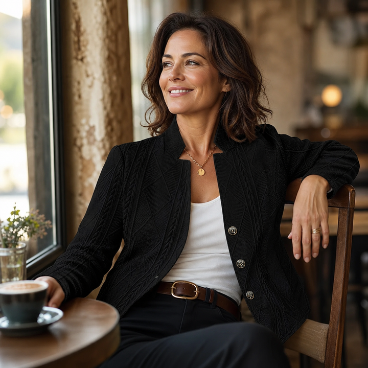Smiling woman in a black textured blazer over a white tank, seated at a café table with coffee 14