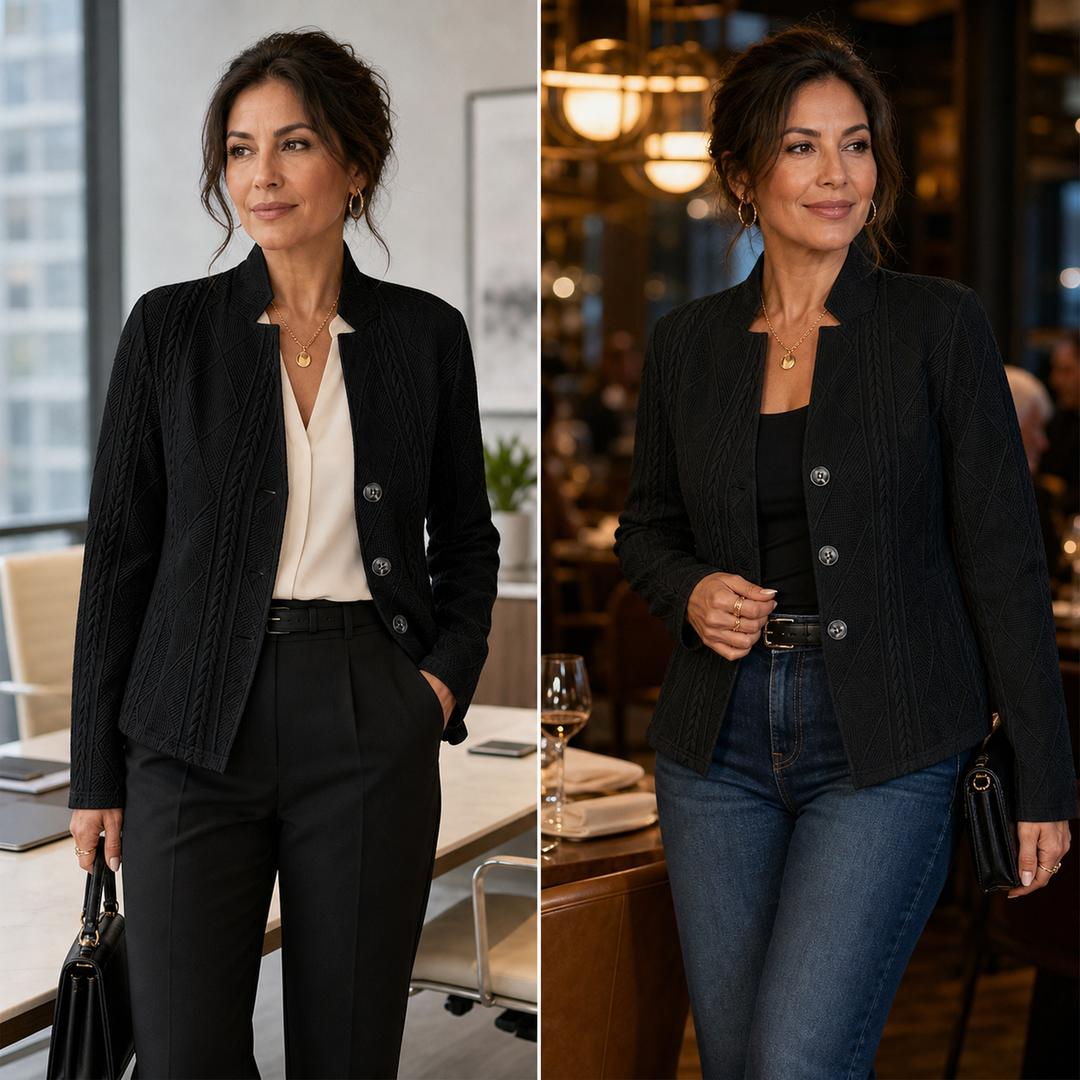 Side-by-side outfits: black textured blazer styled with trousers for the office and with jeans for dinner 16