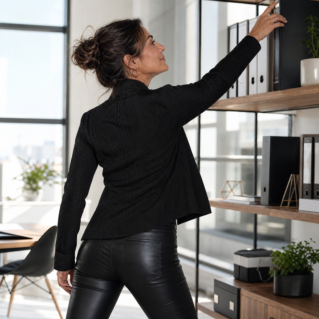 Back view of the black textured blazer on a woman reaching for binders on an office shelf, wearing leather pants 13