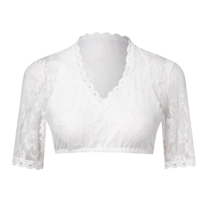 Front flat view of a white lace dirndl blouse with short sleeves, a scalloped V-neckline and an elasticated hem.