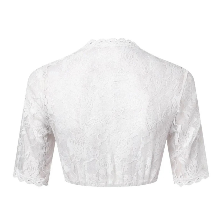 Back view of a white lace dirndl blouse with a rose pattern, scalloped back neckline, short sleeves and gathered hem.