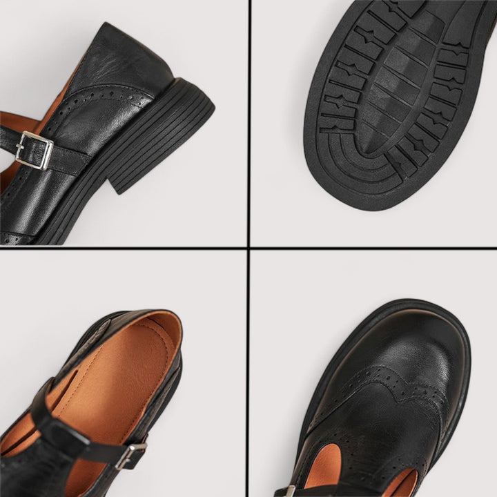 Four-panel collage of black Mary Jane details: heel and buckle, patterned outsole, tan insole and strap, and perforated wingtip toe. 6