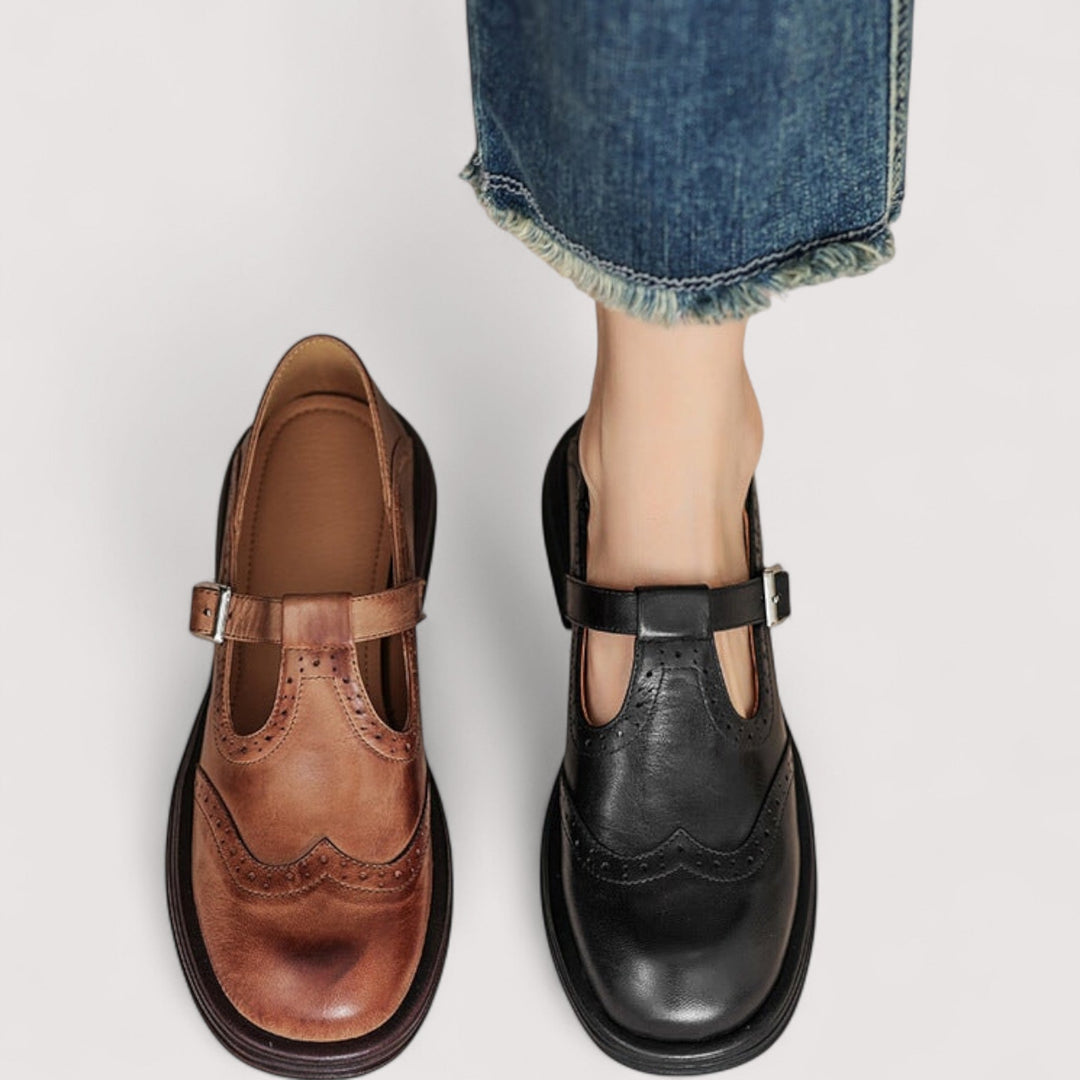 Brown Mary Jane shown beside a black pair worn by a model in frayed jeans, comparing the two color options from above. 7