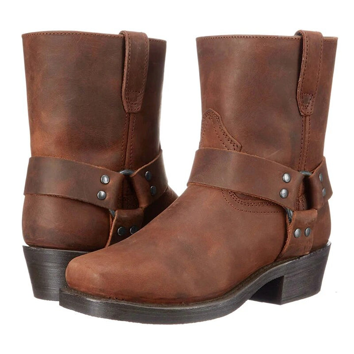 Pair of brown leather western boots, one front view and one heel view.