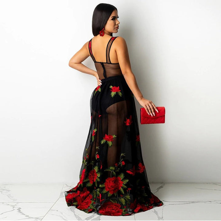Maxi dress with floral embroidery and spaghetti straps – Rosalie-S-Nora Luxe