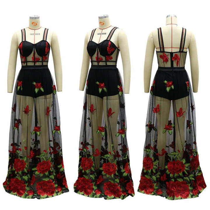 Maxi dress with floral embroidery and spaghetti straps – Rosalie-S-Nora Luxe