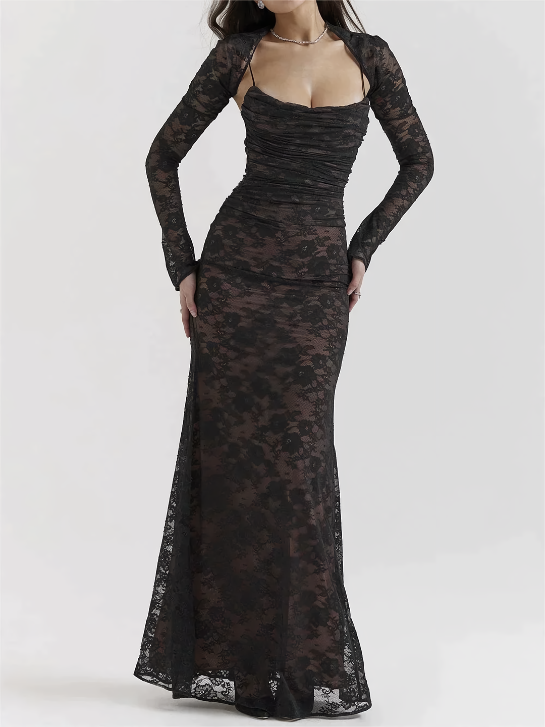 Maxi Dress with Lace and Strap - Lena-Black-XS-Nora Luxe