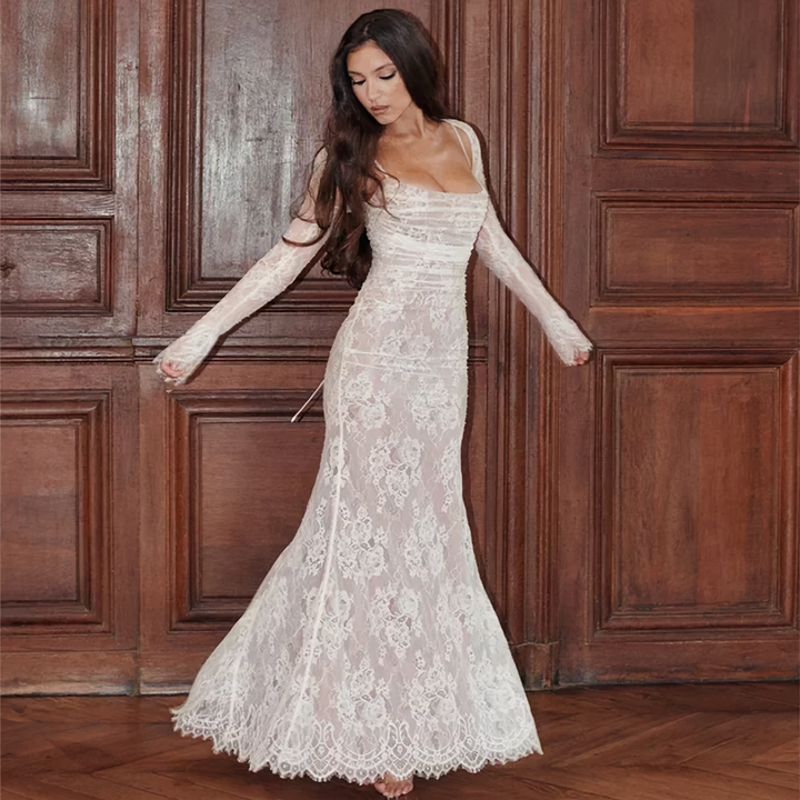 Maxi Dress with Lace and Strap - Lena-White-XS-Nora Luxe