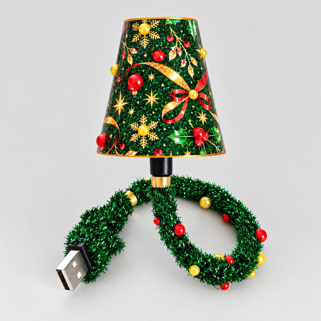 Small holiday lamp with a festive green shade and a tinsel-wrapped USB cord, on a plain background 1