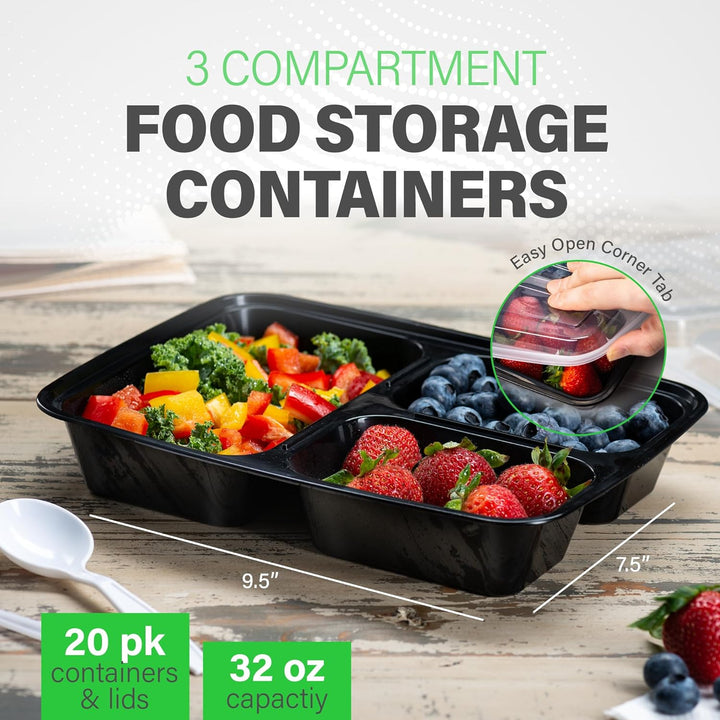 Meal Prep Containers – 3 Compartment Bento Dozen with Lid 900 ml [20 Pack]-Nora Luxe