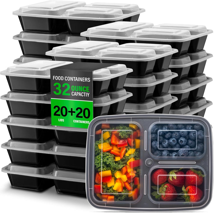 Meal Prep Containers – 3 Compartment Bento Dozen with Lid 900 ml [20 Pack]-Nora Luxe
