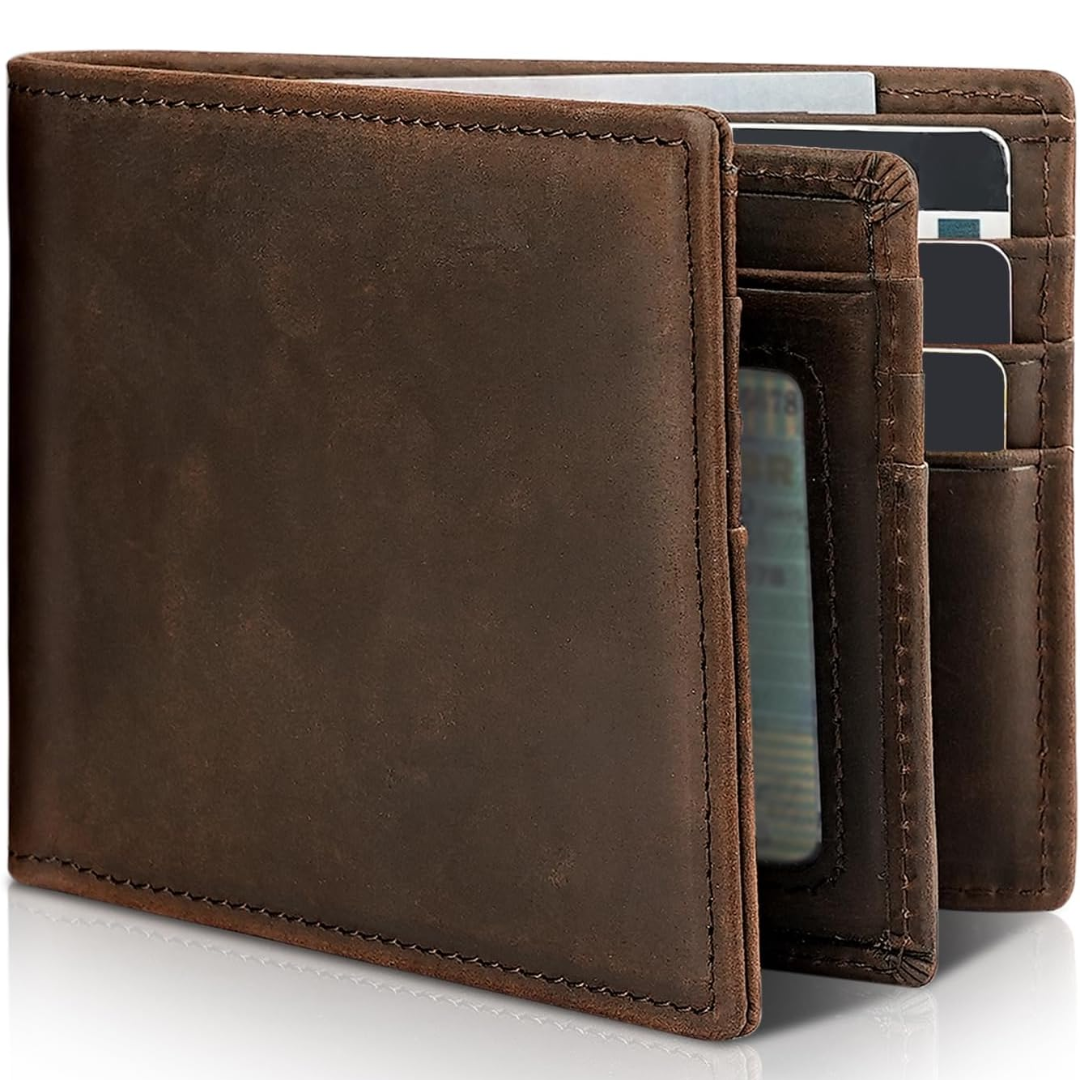 Dark brown distressed leather bifold wallet open, showing cards and an ID window inside.
