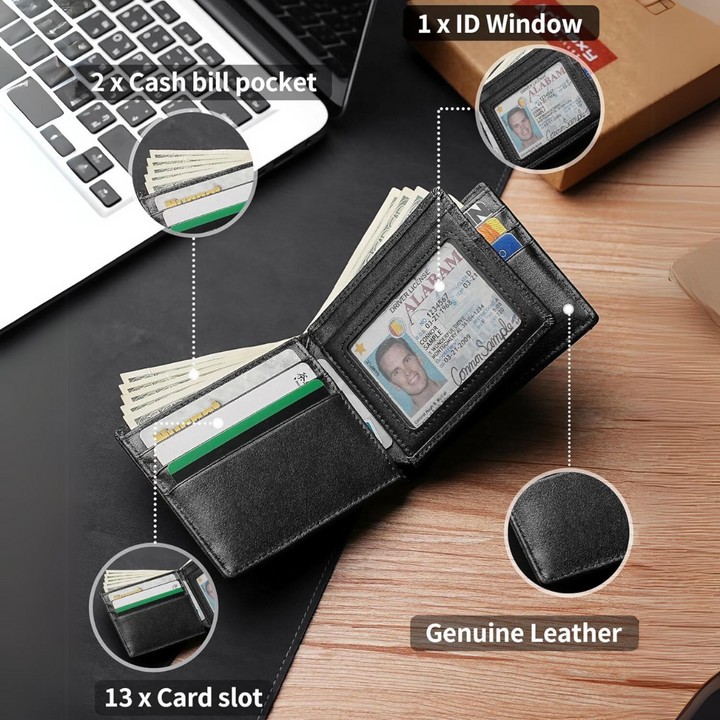 Open black leather wallet on a desk beside a laptop, showing the ID window, cash pockets and card slots.