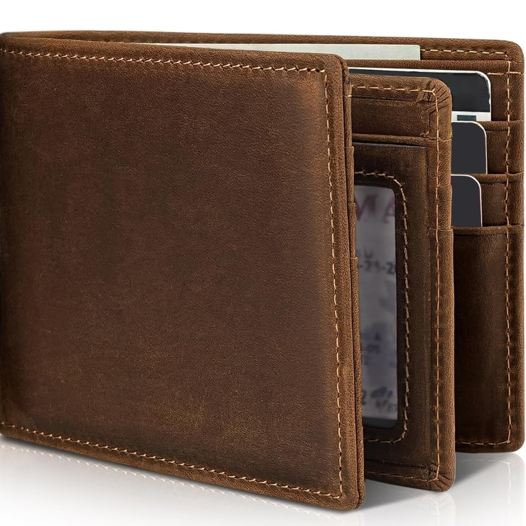 Tan leather bifold wallet another view, shown partly open with cards and an ID window.