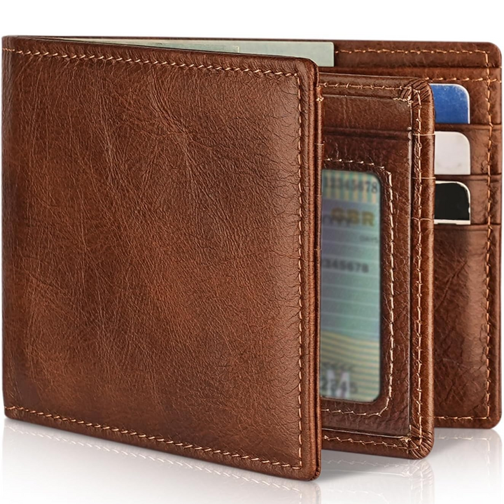 Cognac brown bifold wallet another view with natural grain and orange stitching, opened slightly to show card slots and an ID window.