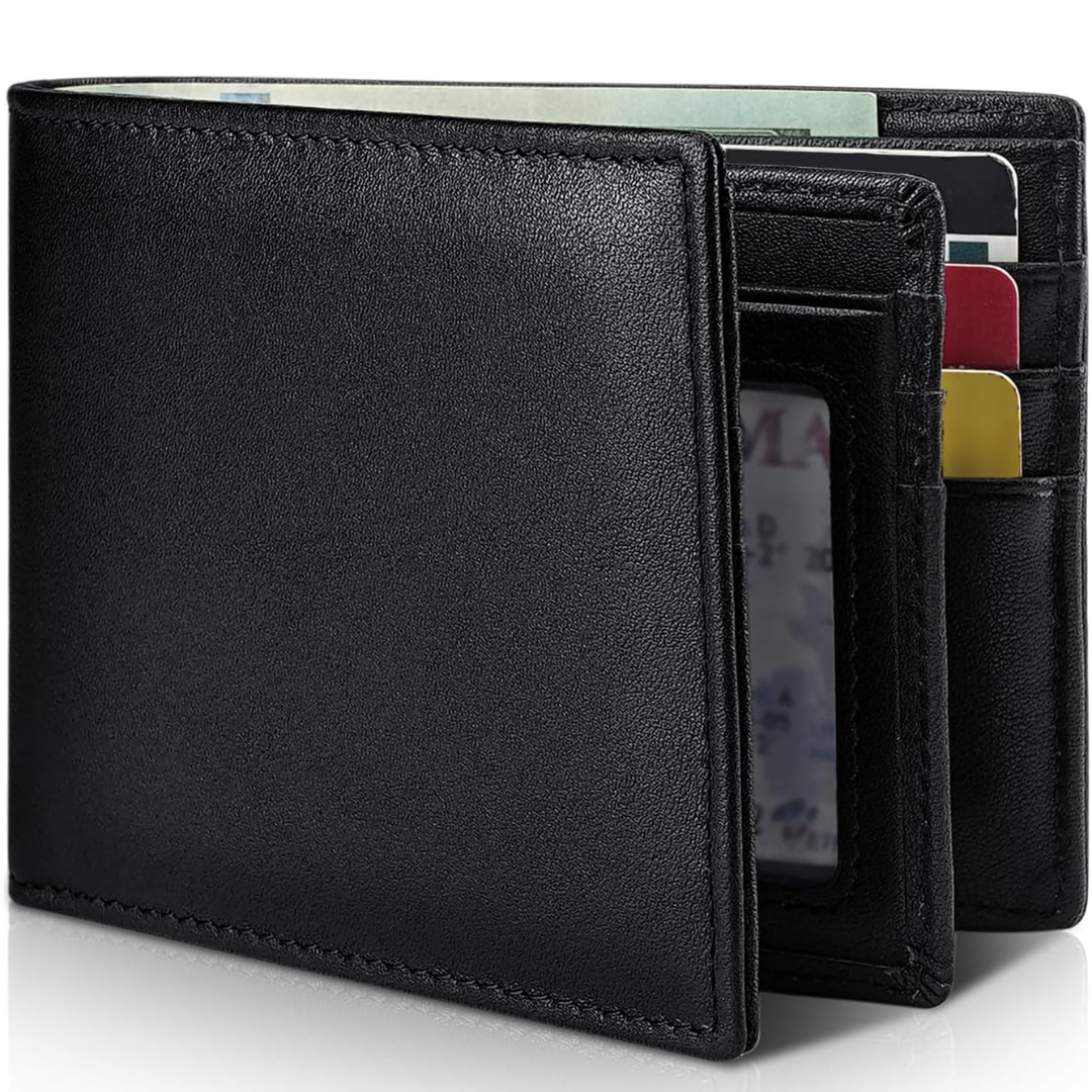 Smooth black leather bifold wallet another view, with cards and cash peeking out of the slots.