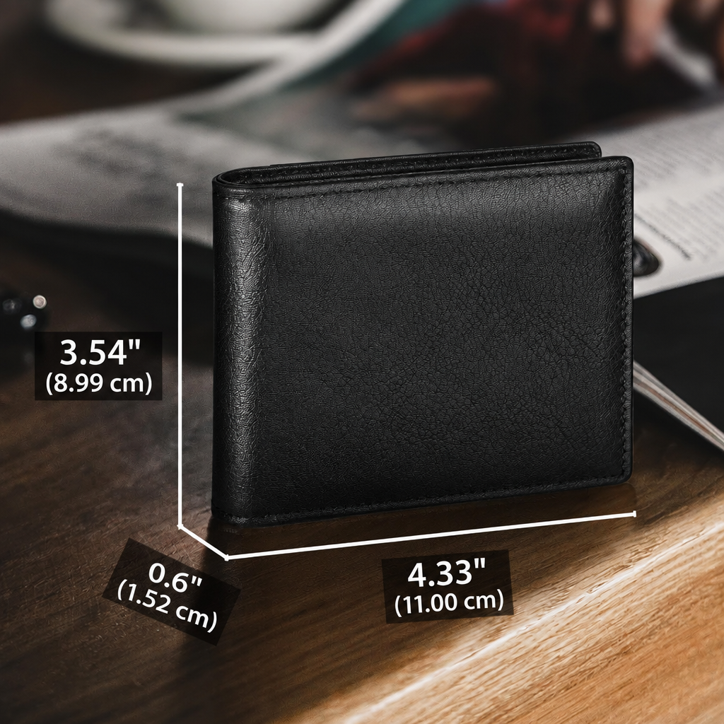 Black textured bifold wallet another view on a wooden table with dimension lines for height, width and thickness.