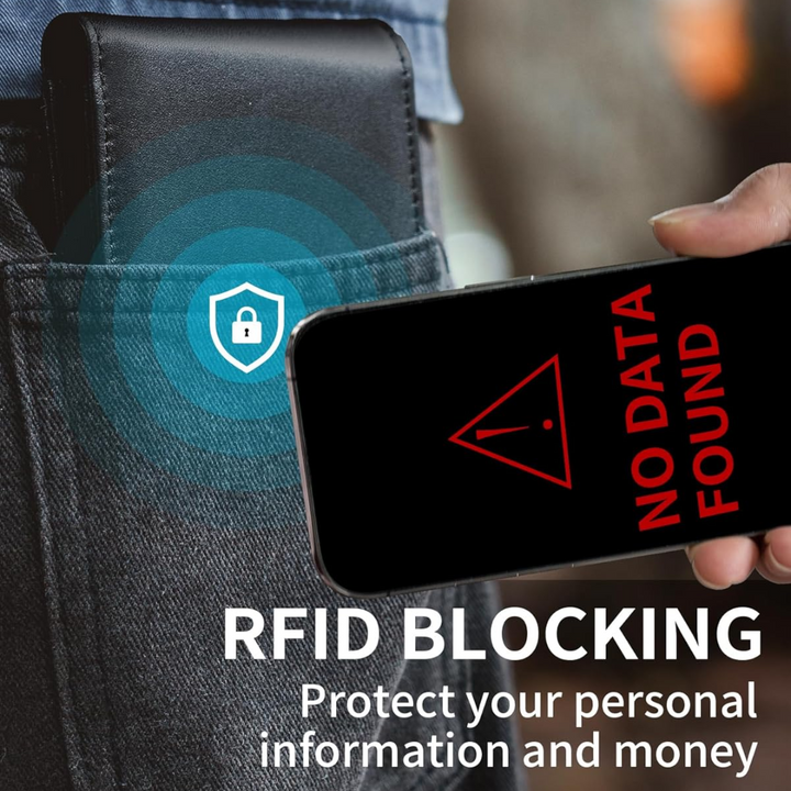 Black wallet in a back jeans pocket with a phone showing a no data found warning.