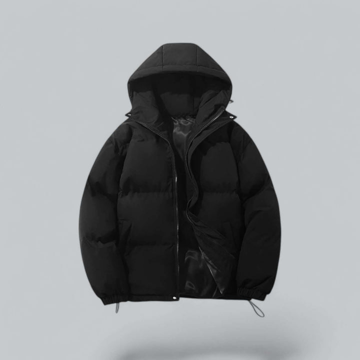 Black quilted puffer jacket with hood, front view, zipper partly open showing the smooth black lining and elastic cuffs