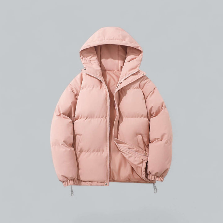 Soft pink quilted puffer jacket with hood, front view, zipper partly open showing matching pink lining and hem drawcord toggles