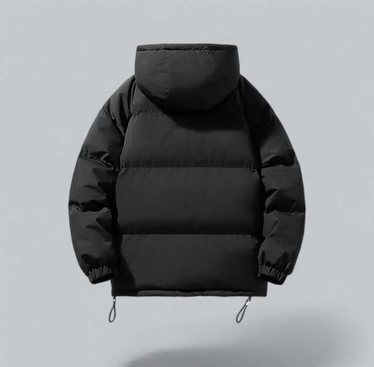 Black quilted puffer jacket with hood, back view, showing horizontal quilted panels, elastic cuffs and drawcord toggles at the hem