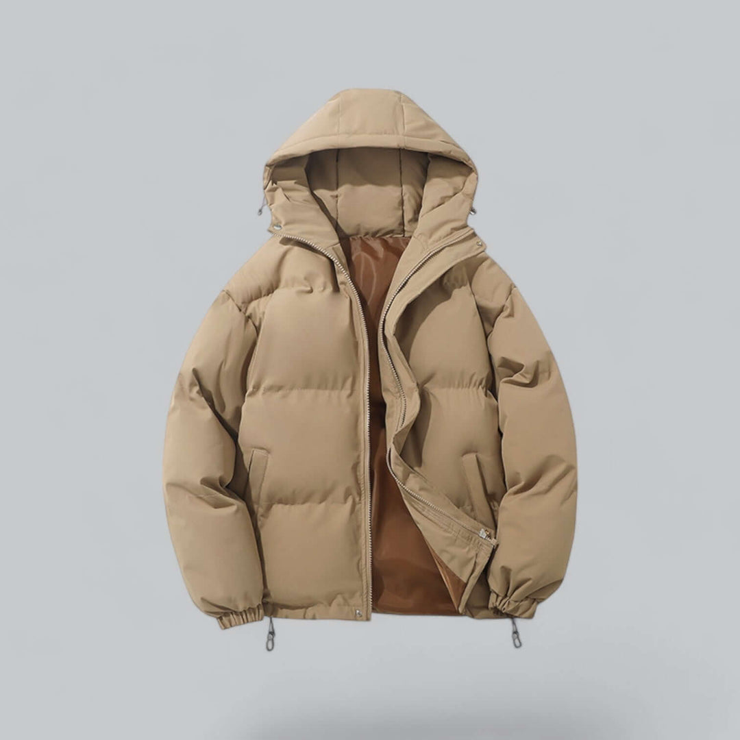 Khaki beige quilted puffer jacket with hood, front view, zipper partly open showing a brown lining and metal hem clips