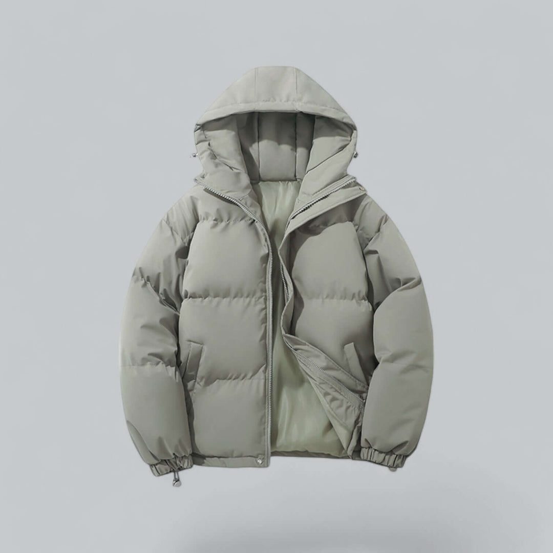 Light sage green puffer jacket with padded hood, front view, zipper open to show the pale green lining and hem drawcords