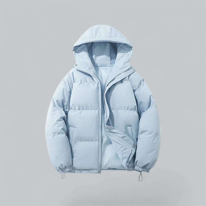 Pale blue quilted puffer jacket with hood, front view, zipper open at the bottom to show the matching light blue lining
