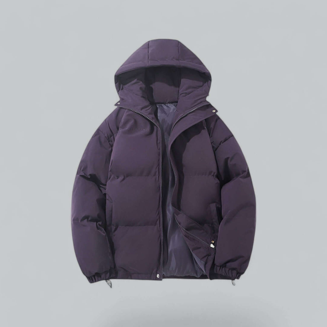 Dark purple quilted puffer jacket with hood, front view, partly unzipped to show the dark lining and snap-button collar