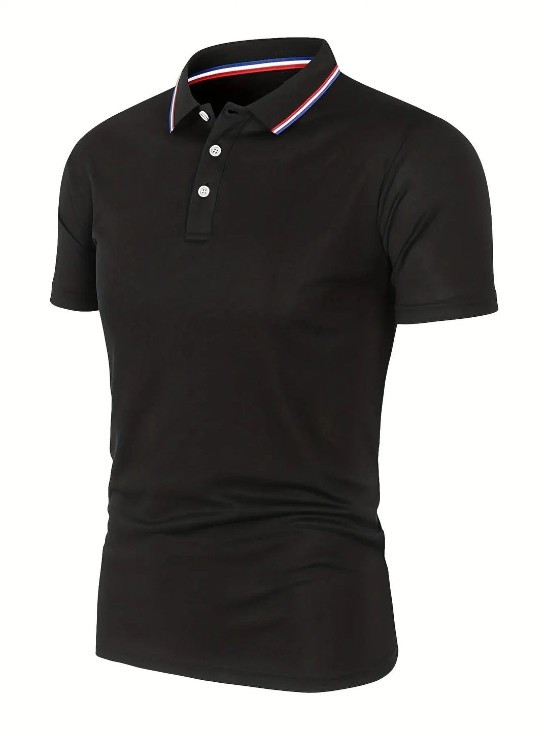 Black short-sleeve polo shirt shown at an angle, with a three-button placket and a red, white and blue striped collar. 1