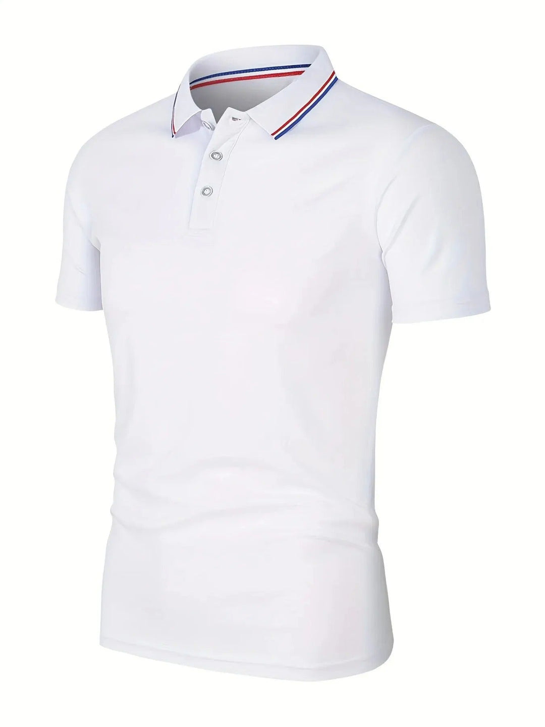 White short-sleeve polo shirt shown at an angle, with a three-button placket and red and blue stripes on the collar. 2